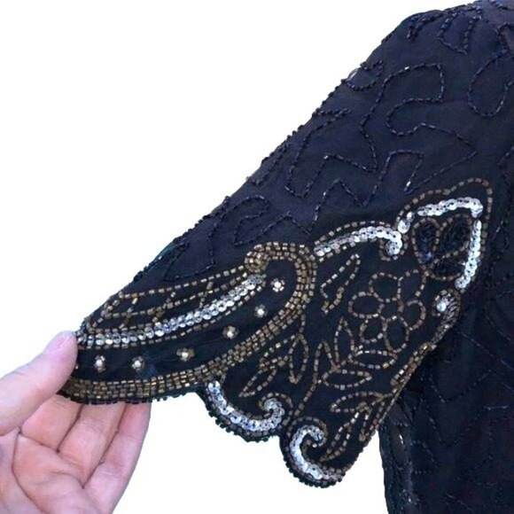 Laurence Kazar Silk Blouse Size PP Vintage Black Gold Beaded Lined Shoulder Pads - Picture 2 of 12